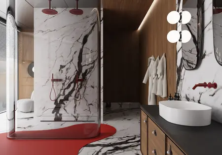 Nowoczesna łazienka z marmurowymi ścianami, drewnem i akcentami w stylu dopamine decor, eklektycznym, glamour.
