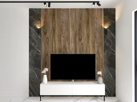 Nowoczesny salon z drewnianą ścianą, czarnym telewizorem i białą szafką.