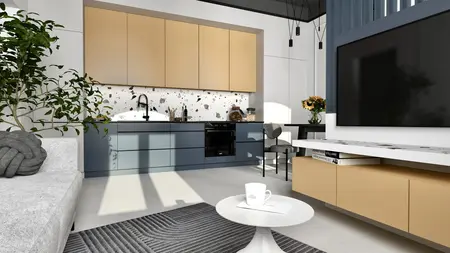 Wnętrze kuchni z beżowymi meblami i dekoracjami dopamine decor.