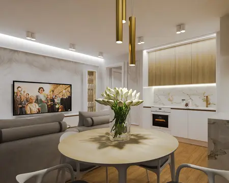 Wnętrze kuchni z białymi meblami, drewnianym blatem i kwiatami, styl quiet luxury.