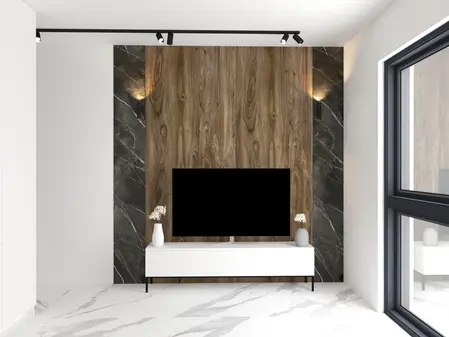 Wnętrze salonu w stylu glamour i minimalistycznym z białym meblem i drewnianą ścianą.