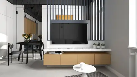 Wnętrze z telewizorem, drewnianym stołem i kwiatami, styl dopamine decor.
