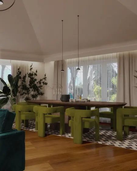 Wnętrze jadalni w stylu art deco z zielonymi krzesłami.