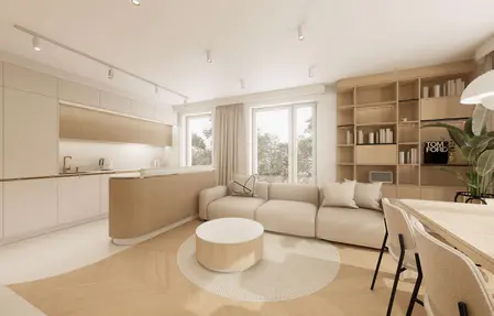 Wnętrze kuchni w stylu japandi, minimalistycznym i quiet luxury z jasnymi meblami.