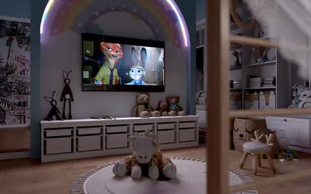Pokój dziecięcy z telewizorem, pluszakami i tęczą