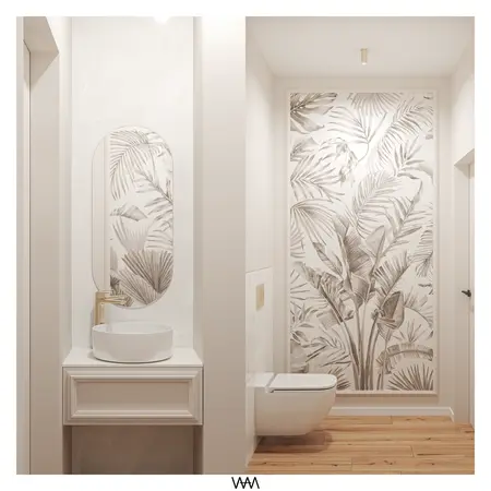 Wnętrze łazienki w stylu art deco i soft minimalizm z białymi akcentami.