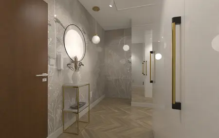 Przedpokój z boho i nowoczesnymi detalami, lustro i drewniana podłoga.