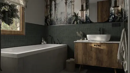Nowoczesna łazienka z zielonymi kaflami, drewnianymi meblami i roślinnymi dekoracjami. Styl art deco, boho, minimaluxe.