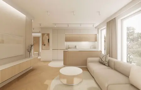 Wnętrze kuchni w stylu japandi z minimalistycznymi meblami i akcentami quiet luxury.