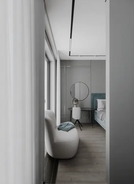 Wnętrze sypialni w stylu minimalistycznym i skandynawskim z szarymi elementami.