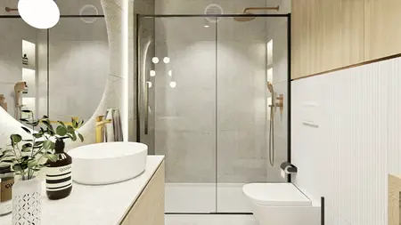 Wnętrze łazienki w stylu glamour i minimalistycznym z kabiną prysznicową.