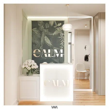 Wnętrze recepcji z zieloną ścianą i białym biurkiem, styl art deco, dopamine decor, nowoczesny.