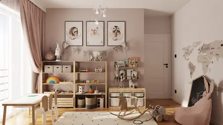 Pokój dziecięcy w stylu boho i skandynawskim z drewnianymi meblami, zabawkami i dekoracjami.