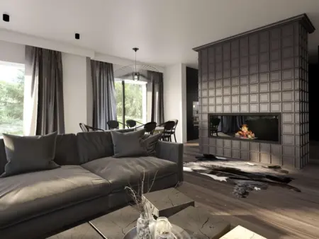 Eklektyczny i minimalistyczny salon z kominkiem, szarymi zasłonami i nowoczesną sofą.