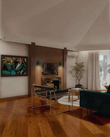 Wnętrze salonu w stylu art deco, quiet luxury, współczesnym z zieloną sofą.