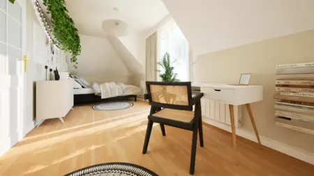 Wnętrze pokoju z biurkiem, roślinami i jasnymi kolorami, styl boho