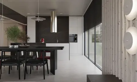 Nowoczesna kuchnia z minimalistycznym designem, białymi meblami i czarnymi detalami.
