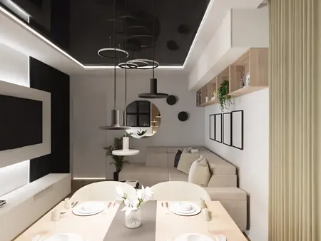 Nowoczesne wnętrze jadalni z minimalistycznym designem, białymi meblami i drewnianymi akcentami.