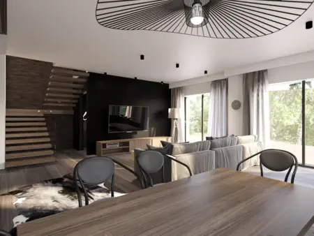 Wnętrze salonu w stylu eklektycznym, minimalistycznym i nowoczesnym z drewnianymi elementami.