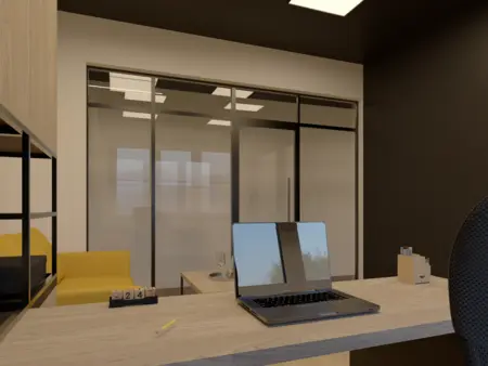 Gabinet z żółtą sofą, biurkiem i szafkami w stylu industrialnym.