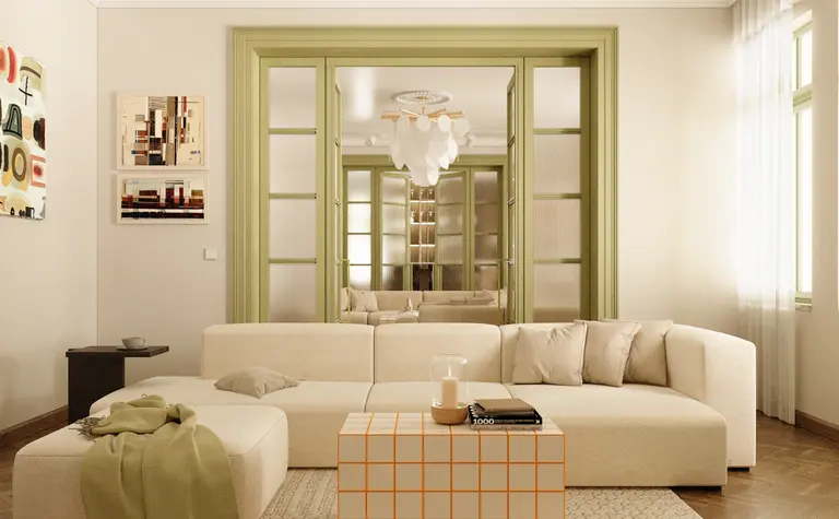 Wnętrze salonu w stylu dopamine decor, eklektycznym i vintage z jasnymi meblami.