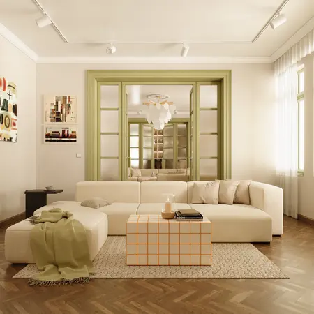 Wnętrze salonu w stylu dopamine decor, eklektycznym i vintage z jasnymi meblami.