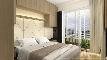 Współczesna sypialnia z jasnymi meblami i drewnianymi detalami, idealna do relaksu.