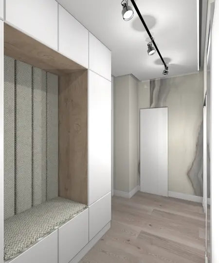 Przedpokój w stylu japandi z białymi meblami i drewnianymi detalami.