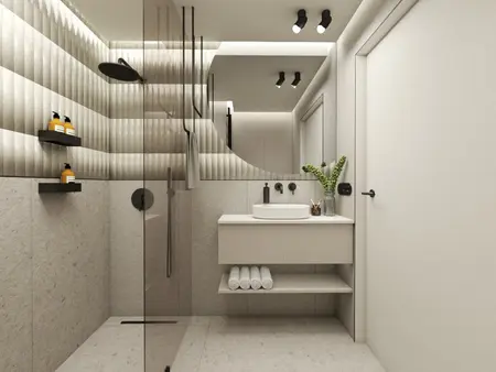Nowoczesna łazienka z eklektycznymi detalami, minimalistycznym umywalką i glamourowymi akcentami.