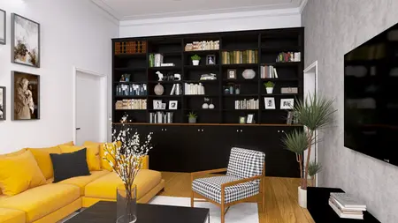 Wnętrze salonu z żółtą sofą, czarną biblioteczką i roślinami, styl boho i industrialny.