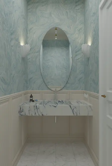 Toaleta z marmurową umywalką, niebieską ścianą, styl art deco, minimaluxe, quiet luxury.