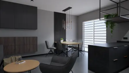 Wnętrze jadalni w stylu industrialnym, minimalistycznym, nowoczesnym z drewnianym stołem.