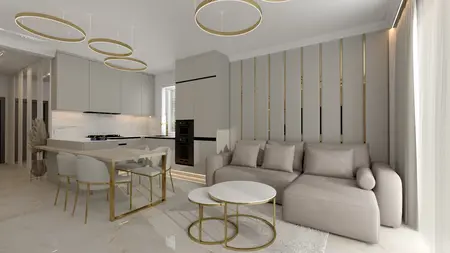 Wnętrze kuchni z meblami w stylu art deco i glamour, jasne kolory.