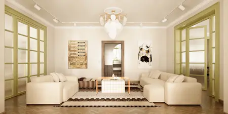 Wnętrze salonu z beżowymi sofami, zielonymi drzwiami i artystycznymi dekoracjami. Dopamine decor, vintage.