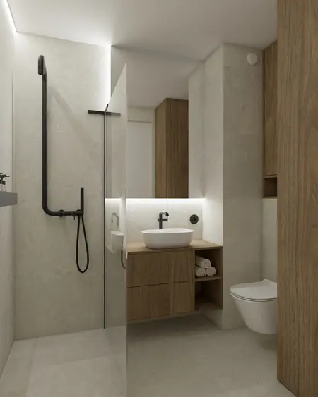 Eklektyczna łazienka w stylu japandi z minimalistycznymi detalami.