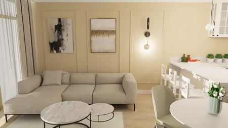 Salon z jasną sofą, okrągłym stołem i białymi detalami w stylach glamour, minimaluxe, tradycyjnym, współczesnym.