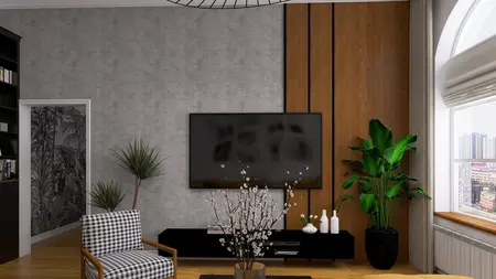 Wnętrze salonu z telewizorem, roślinami oraz nowoczesnym meblem.