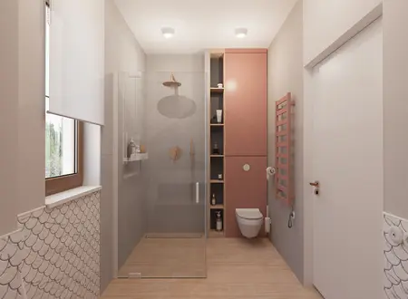 Wnętrze łazienki z prysznicem, szarymi płytkami, różowymi detalami oraz minimalistycznym stylem.