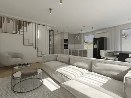 Wnętrze salonu w stylu eklektycznym z jasną sofą i nowoczesnym stołem.