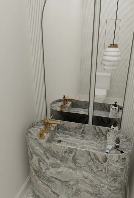 Nowoczesna łazienka z marmurową umywalką w stylu art deco, minimaluxe i quiet luxury.