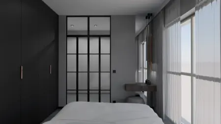 Sypialnia w stylu industrialnym z minimalistycznym wystrojem, szare ściany, czarne meble.