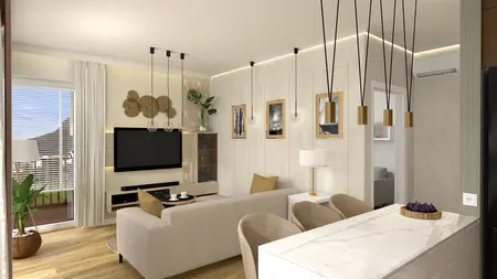 Wnętrze salonu z jasnymi meblami, telewizorem i rośliną.