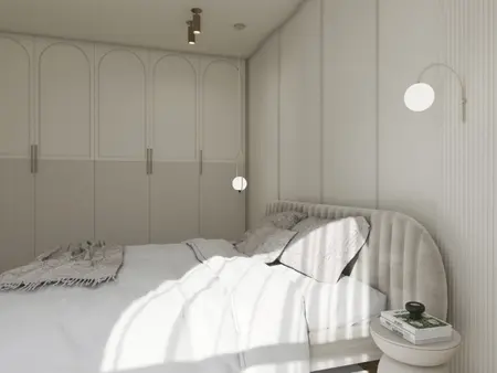 Sypialnia w stylu eklektycznym z glamour i japandi, minimalistyczna przestrzeń z nowoczesnym oświetleniem.