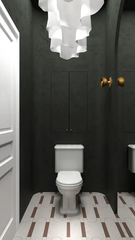 Toaleta z białą miską WC, szarymi ścianami i podłogą w stylu art deco, minimaluxe, quiet luxury.