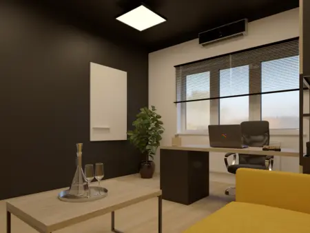 Gabinet w stylu industrialnym z biurkiem i rośliną