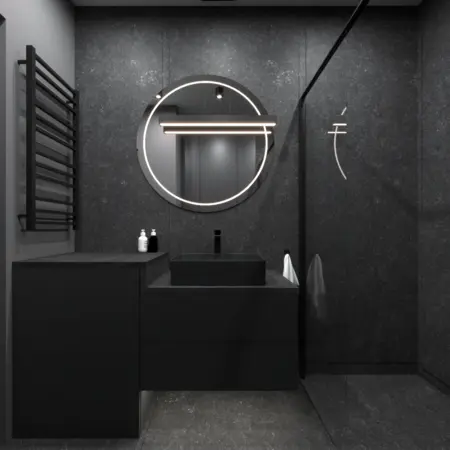 Nowoczesna łazienka z czarnymi akcentami, minimalistycznym designem i industrialnym stylem.