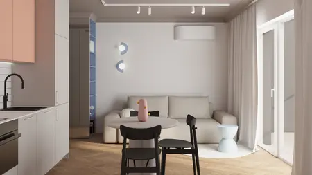 Wnętrze salonu z eklektycznym designem, nowoczesnymi meblami i współczesnymi akcentami.