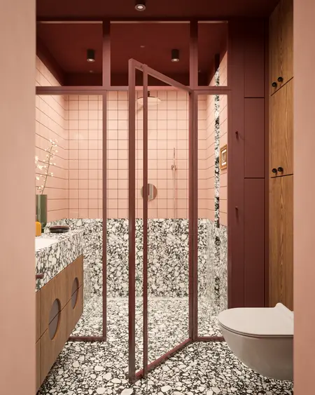 Nowoczesna łazienka w stylu art deco z różowymi płytkami, marmurową podłogą i drewnianymi detalami.