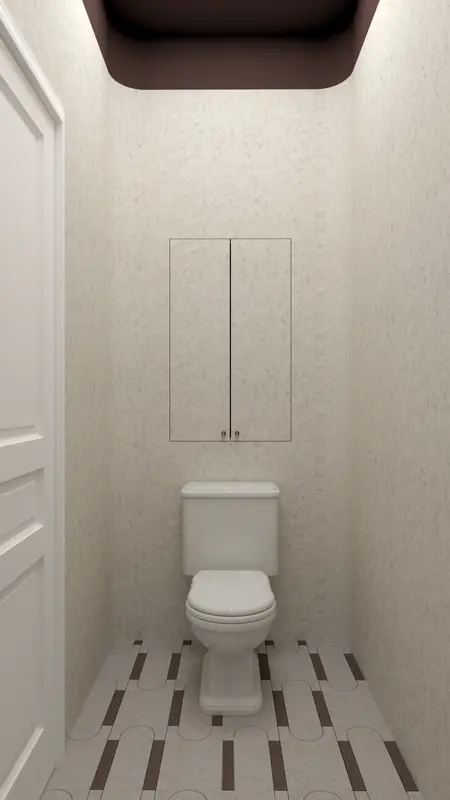 Toaleta z białym WC i szafką, styl art deco, minimaluxe, quiet luxury
