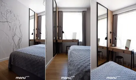 Wnętrze sypialni z szarymi ścianami, drewnianymi meblami i nowoczesnymi detalami.